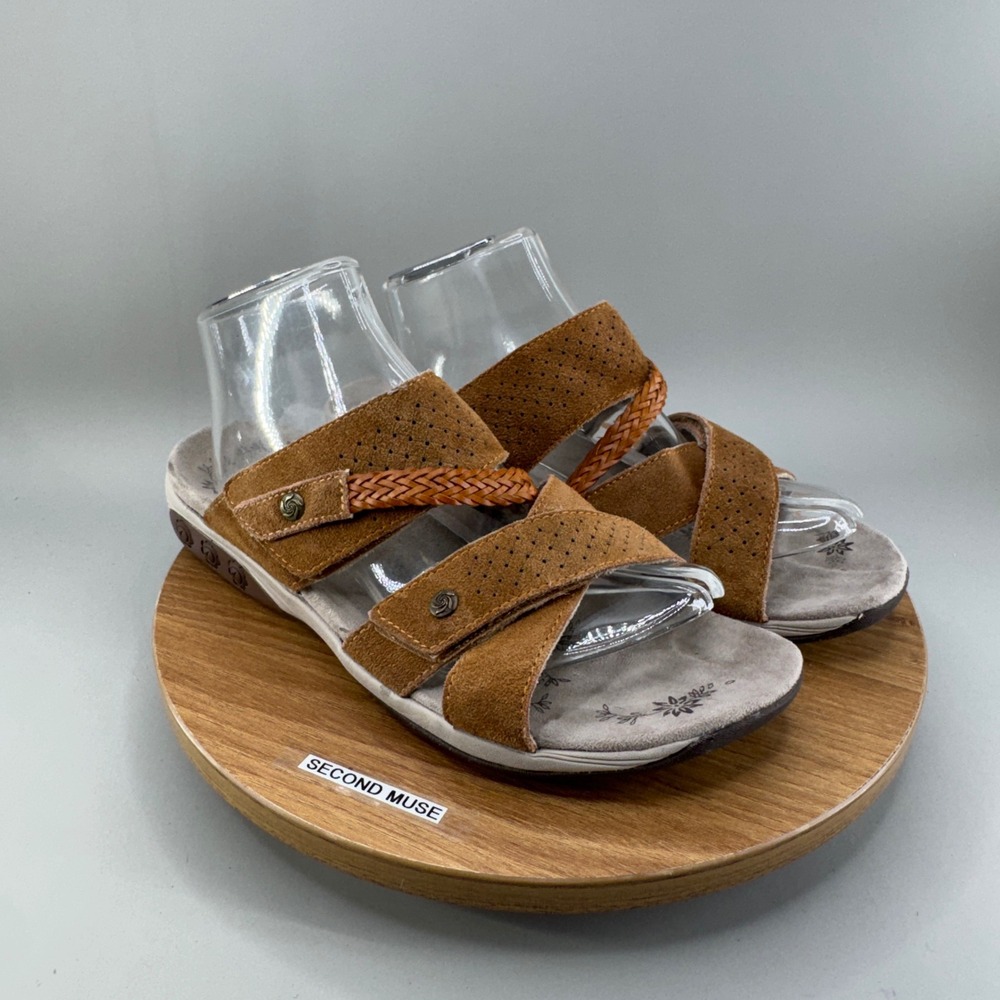 Therafit Leather Slide Sandals 9.5-10 Cognac Brown Boho Comfort Strappy Boho